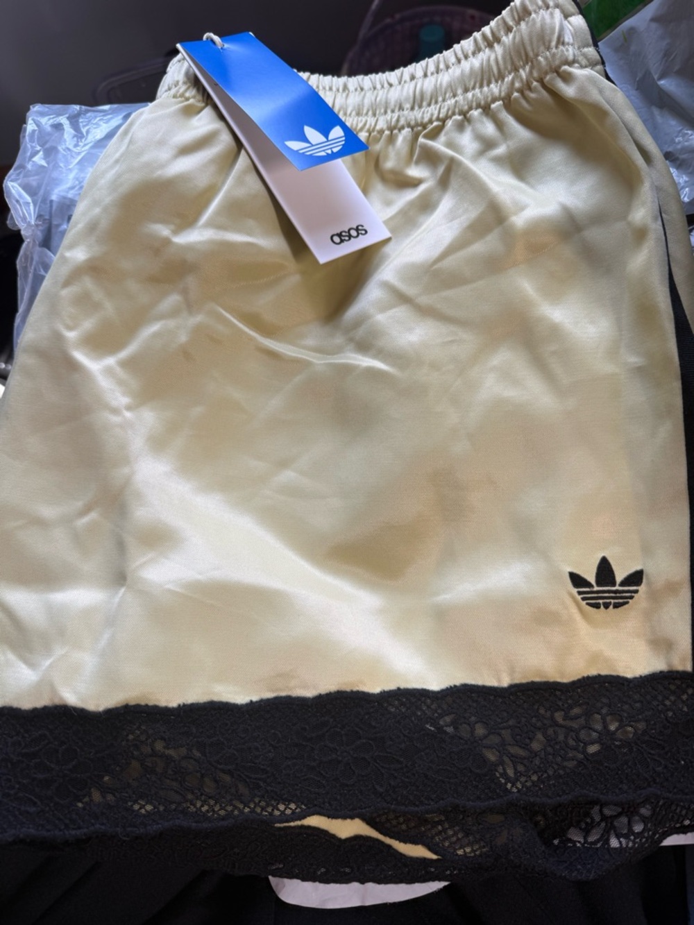 ASOS Athletic Shorts in Cream and Black Lace Trim